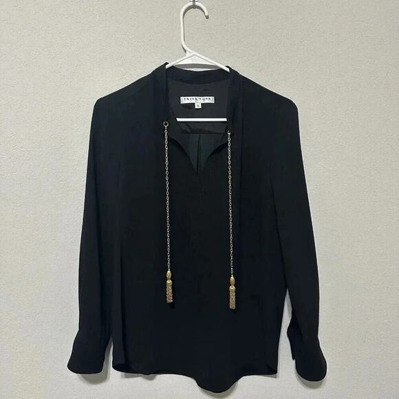 Trina Turk Black Long Sleeve Blouse Top Gold Chain Tassles Womens Size Small - Picture 1 of 7